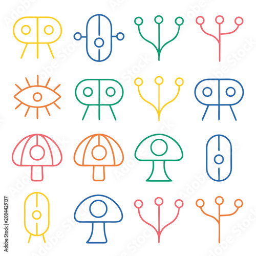 Fotografie Collection Of Colorful Line Icons Featuring Eyes Mushrooms And Abstract Branchin