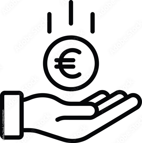 Euro coin drops into an open palm as a minimalist vector icon representing financial gain and savings.