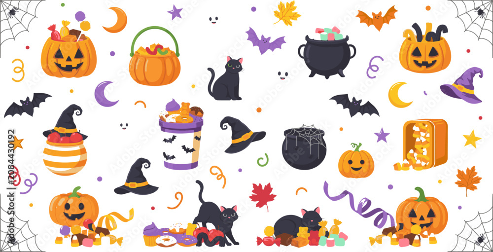 Obraz premium Halloween Pumpkin and Candy Illustration Set with Black Cat, Witch Hat, Bat, Cauldron, and Trick or Treat Elements