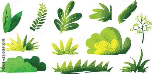 Botanical Textured Green Leaves and Plants with Grain Effect Vector Elements