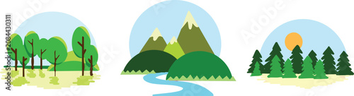 Flat Nature Landscape Elements with Green Forest, Mountains, and River Banner Set