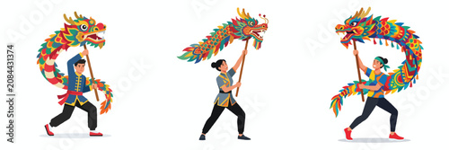 A modern minimalist flat design of a full-body performer holding up a colorful dragon dance pole. Semi-realistic proportions, clean shapes, no outlines, white background.
