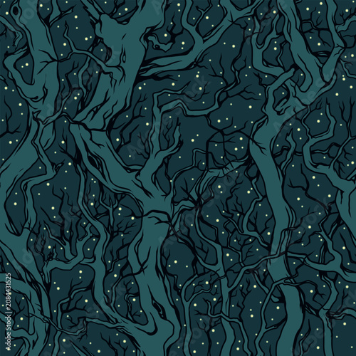 Seamless vector pattern in dark tones with tree branches against a starry sky.