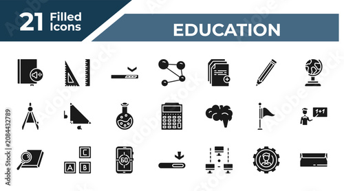 Bild auf Leinwand filled education icons set - audiobook, square, molecular bond, users tings