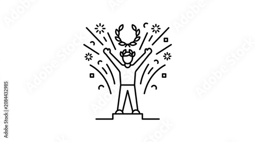 Photos Winner Standing on Podium with Laurel Wreath and Fireworks.
