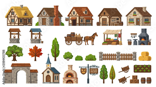 Tableau sur toile Medieval Village Elements: Buildings, Horse Cart, Market Stall, Farm Tools, Fenc