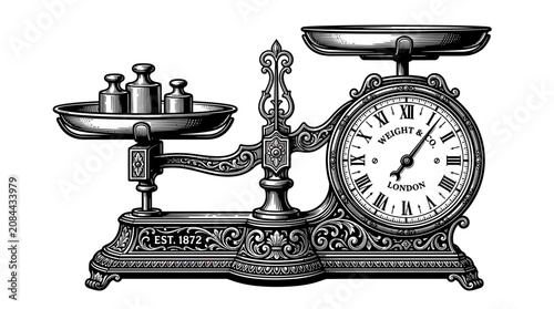 Konstfotografi Vintage Scale with Weights and Clock Face - Antique Weighing Machine