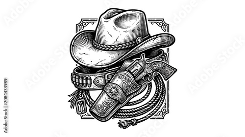 Schilderij op canvas Western Cowboy Hat, Revolver, Gun Belt, and Lasso - Vintage Illustration