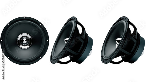 Fotografija Isolated premium car audio speakers, woofers, and subwoofers displayed from mult