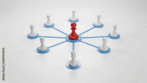 Red Pawn Connected to White Pawns Representing Team Network and Leadership