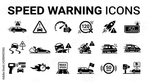 Bild auf Leinwand A collection of black vector icons depicting speed warnings, traffic signs, and fast vehicles on white background