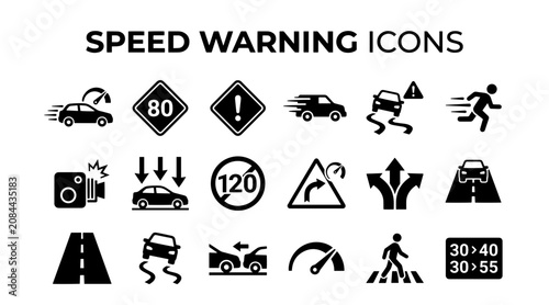 Obraz na płótnie A set of flat black vector icons depicting various speed warning signs, traffic regulations, and road safety symbols