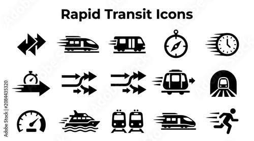 Foto A set of black vector icons depicting various modes of rapid transit, speed, and movement on a white background