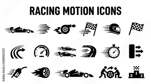 Bild auf Leinwand A collection of black vector icons depicting racing cars, speed motion, checkered flags, and motorsport equipment