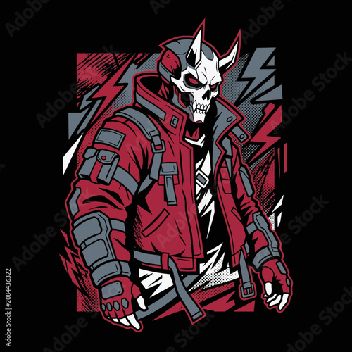 Картината върху платно A menacing horned skull character wears a futuristic red jacket illustration