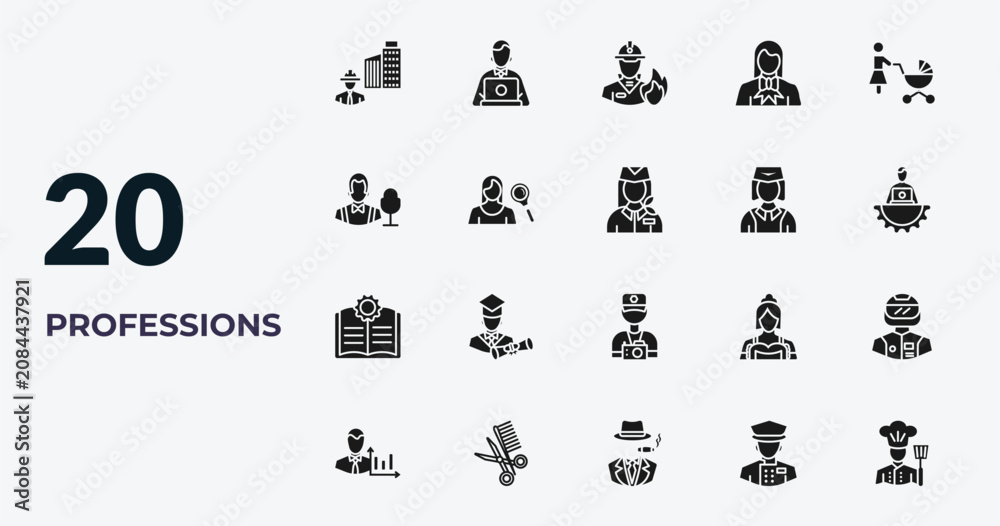 Fototapeta premium filled professions icons set - civil engineer, programmer, firefighter, concierge. editable vector for web and mobile ui