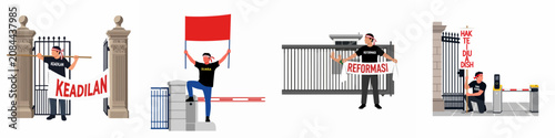 Foto Set of flat vector illustrations depicting Indonesian activists protesting for justice, reform, and human rights with banners and flags at government gates