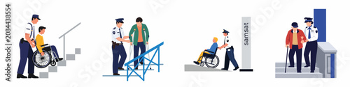 Police officers assisting people with disabilities and the elderly in various public settings, demonstrating accessibility and community service.