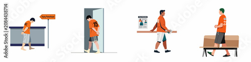 Konstfotografi Set of flat vector illustrations depicting male prisoners in orange uniforms within a police station, including arrest, interrogation, and detention scenes