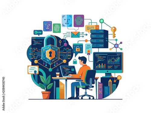 Illustrated digital workspace showing a person surrounded by interconnected technology icons.