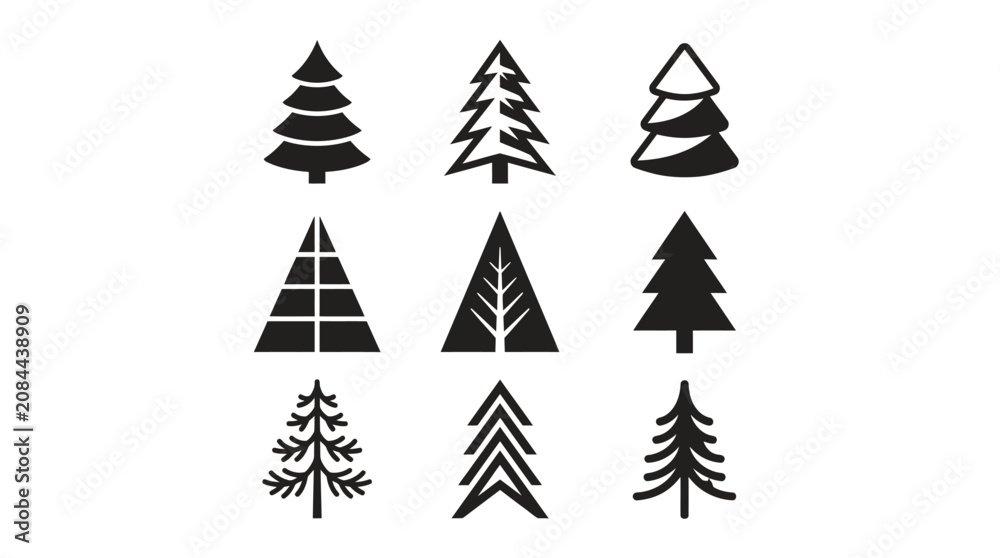 Fototapeta premium Collection of nine minimalist evergreen tree icons.