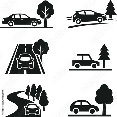 Set of black car silhouette icons representing driving scenarios with nature landscapes trees and rural road scenes isolated on a transparent background for design projects.