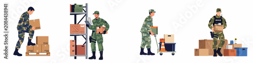 Set of illustrations depicting military personnel performing logistics tasks, including moving boxes, checking inventory, and managing supplies in a warehouse setting.
