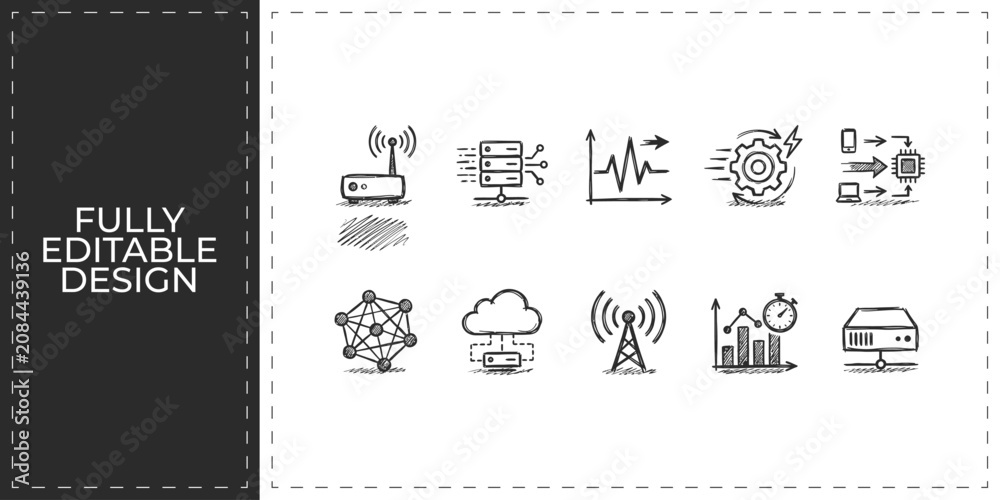 Naklejka premium Business analytics and digital connectivity hand drawn icons featuring wifi router and growth charts for corporate technology and internet service marketing