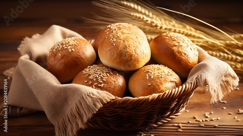 Gourmet sesame seed buns in woven basket with decorative wheat ears on wooden background.