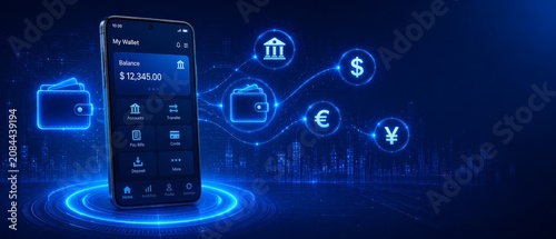 Futuristic digital banking interface on smartphone with qr payment and blockchain technology in blue neon lights