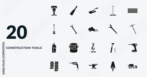Photos filled construction tools icons set - rammer, putty knife, trowel, gardening palette