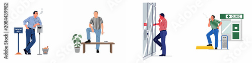 Fotografie Vector illustration set of men smoking cigarettes in public places including designated smoking areas and near medical clinic exits