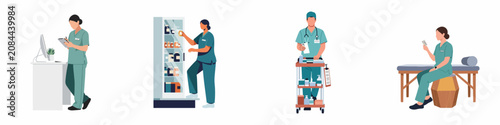 Принти на полотні Flat vector illustration set of healthcare professionals in teal scrubs performing various medical tasks, including medication dispensing and patient record management