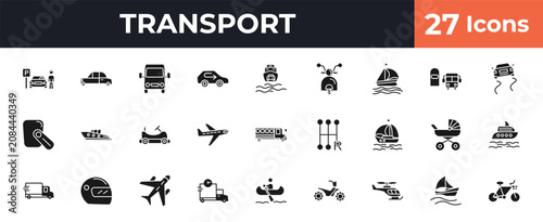 Fotografie filled transport icons set - parking men, midget car, ferry carrying cars, sailing