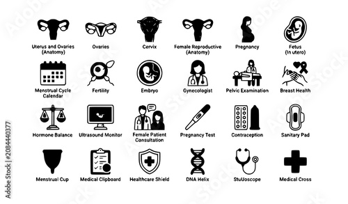 Fotografía Gynecology women health medical reproductive care doctor flat vector icon set wi