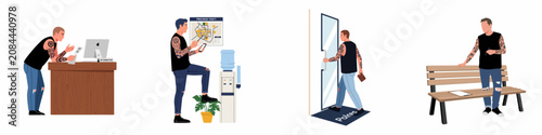 Fotografía Flat vector illustrations of a tattooed man at a police station reporting a theft, checking maps, and entering the precinct building