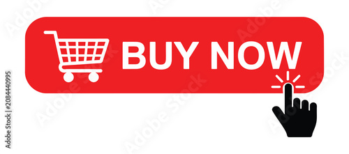 Buy now red button icon collection, click hand cursor symbols, online shopping call to action graphics, ecommerce purchase interface elements, web store buttons, modern flat vector illustration design