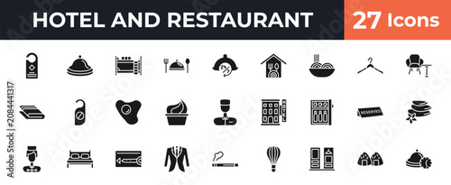 Fotografija filled hotel and restaurant icons set - door hanger, reception bell, 24 service, onigiri