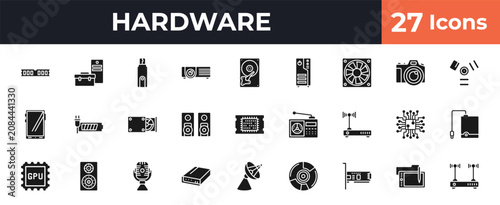 Foto filled hardware icons set - random access memory, device manager, harddrive, wacom