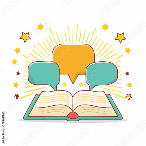 Open book with speech bubbles and stars