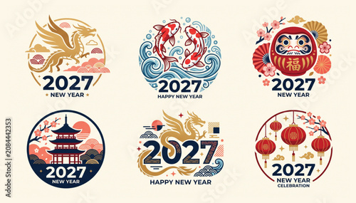 Tableau sur toile Six decorative circular badges for 2027 lunar new year featuring dragons koi fis