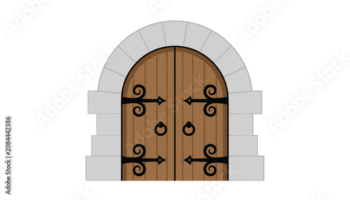 Solid arched stone entryway with rustic wooden double doors and ornate black metal hinges against a plain white background.