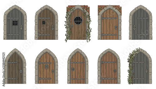 Set of ten medieval gothic arched doors featuring weathered wood, stone frames, iron hardware, and climbing vine decorations.
