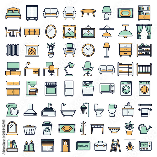 Vector icons of modern home furniture and household appliances