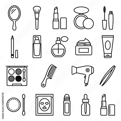 Minimalist black line icons of cosmetics and beauty products
