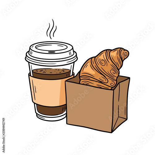Takeaway coffee cup next to a fresh croissant in a bag