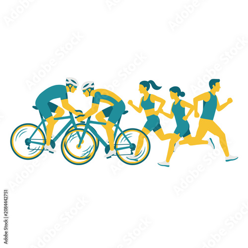 Vector illustration of athletes cycling and running together