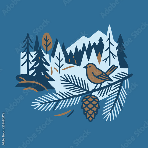 A stylized winter illustration of a bird on a pine branch