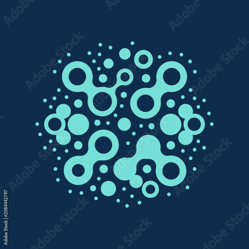 Symmetrical turquoise molecular pattern on a dark blue background