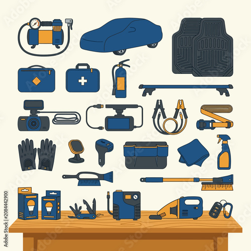 Flat lay illustration of various car accessories and emergency tools